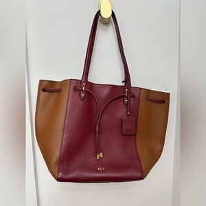 Ralph Lauren Oxford Colorblock Red & Tan Large Tote Shoulder Handbag